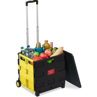 Afbeelding van Relaxdays boodschappentrolley inklapbaar vouwkrat met wielen trolley boodschappenkar geel