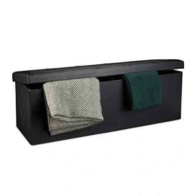 Afbeelding van Relaxdays Opvouwbare zitbank, 38 x 114 cm (h b d), XL kunstleren zitkist, opbergdoos met opbergruimte, zwart