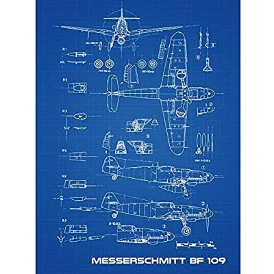 Afbeelding van Messerschmitt Bf 109 Fighter Vliegtuig 2 Blauwdruk Plan Unframed Muur Art Print Poster Home Decor Premium