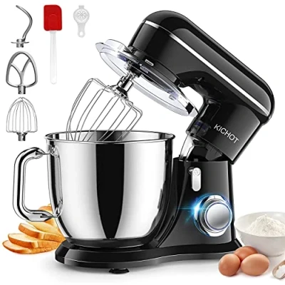 Afbeelding van KICHOT keukenmachine, kneedmachine, 10 versnellingen, 4,5 l taartmixer, roermachine met garde, kneedhaak, platte roer, spatbescherming, geschikt voor bakken, cake, koekjes, kneden