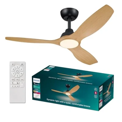 Afbeelding van Philips Olas Ventilator Energiezuinige LED verlichting Plafondlamp Instelbare kleurtemperatuur 24W 132cm diameter Afstandsbediening Zwart met houtlook
