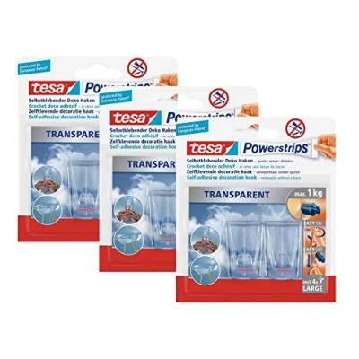Afbeelding van Tesa Powerstrips Deco haken, transparant, voor max. 1 kg, verpakking met 2 haken (3 pack/op glas)