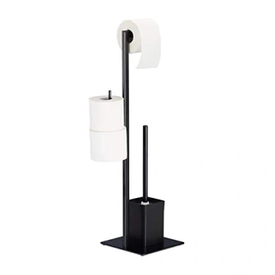 Afbeelding van Relaxdays wc rolhouder zwart toiletborstel toiletbutler toilet papierhouder staal