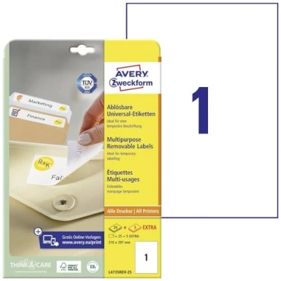 Afbeelding van Etiket Avery L4735REV 25 210x297mm A4 afneembaar wit 25stuks