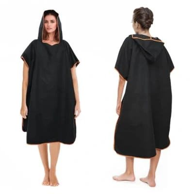 Afbeelding van Badponcho voor dames en heren, poncho handdoek, microvezel surf poncho, lange omkleedhulp met capuchon heren dames, ideale handdoek strand, branding, surfen (zwart)