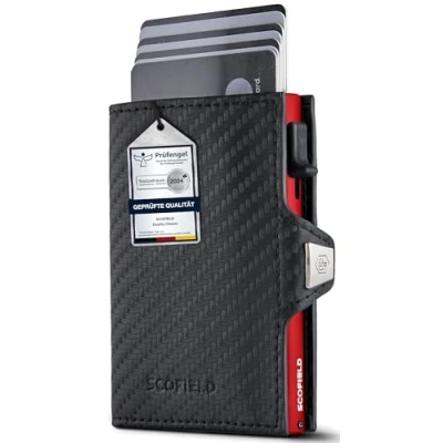 Afbeelding van SF SCOFIELD Duality Classic Slim Wallet met muntvak, kaartenetui voor heren 9 10 kaarten, portemonnee RFID bescherming, creditcardhouder, Carbon Cherry Red, Druckknopf + Münzfach Max,