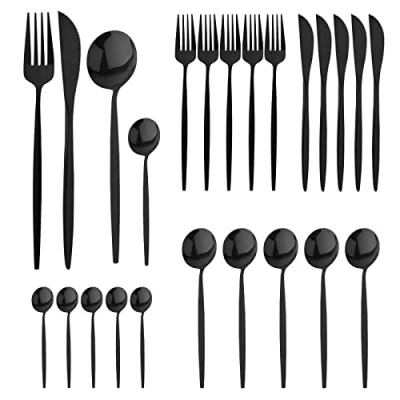 Afbeelding van 24 stuks bestekset, zwart mat, set voor 6 personen, Cutlery, spiegelgepolijst, vaatwasmachinebestendig, met bestek, messen en vorken, lepelset familie, party, hotel, restaurant, mat