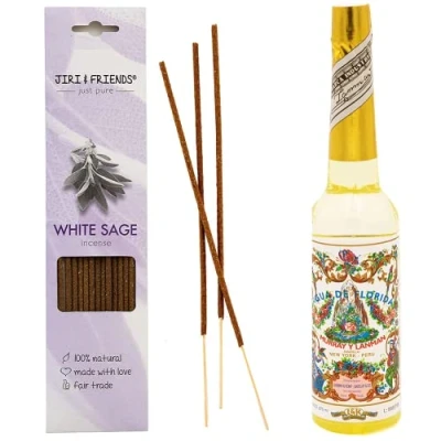 Afbeelding van Jiri &amp; Friends 1 pak wierookstokjes witte salie 15 stuks natuurlijke wierook en Agua de Florida Lanman Kemp Barclay Peru 270 ml Sjaman reinigend Spirit Water 100% natuurlijk