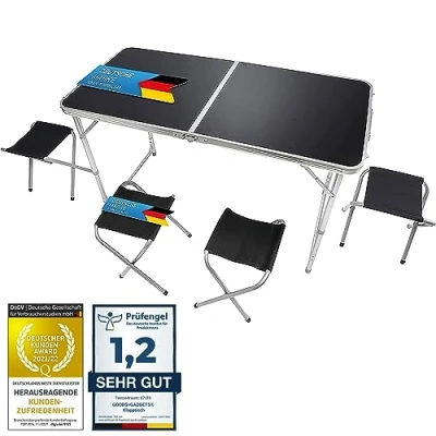 Afbeelding van Inklapbare Multifunctionele tafel Campingtafel Markttafel In hoogte verstelbare behangtafel Bijzettafel voor op de camping (kampeerset met 4 stoelen zwart)