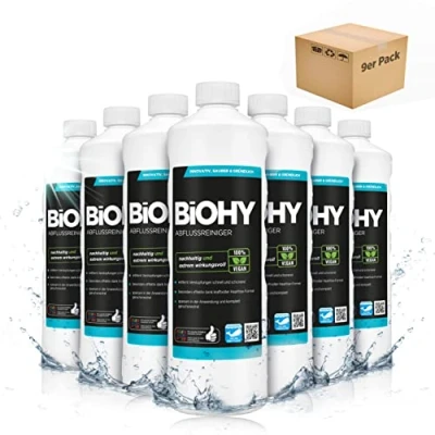 Afbeelding van BiOHY Afvoerreiniger (9 x 1l Fles) verwijdert moeiteloos haren Biologisch concentraat voor keuken &amp; badkamer alle hardnekkige verstoppingen en geuren (abflussreiniger)