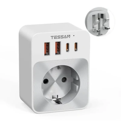 Afbeelding van TESSAN adapter Engeland Duitsland stekker, 5 in 1 reisadapter type G met 2 USB C en A, klein opvouwbaar ontwerp, 3250W stopcontactadapter Engeland, 20W snelladen, UK naar EU