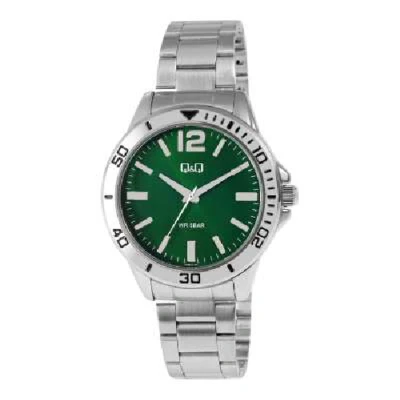 Afbeelding van Q&amp;Q model q28b 011py Herenhorloge 5 atm waterdicht groene wijzerplaat diameter 45 mm zilverkleurig