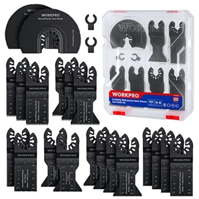 Afbeelding van WORKPRO Multifunctionele gereedschapsschijven 22 stuks, Bi metaal materiaal oscillerende gereedschapsschijven, accessoires voor metaal, hout, kunststof, gipsplaten, geschikt BOSCH, FEIN, Milwaukee