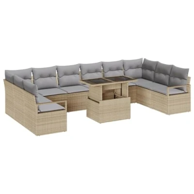 Afbeelding van vidaXL 11 delige Tuinbank Set met Kussens Beige Poly Rattan, 2 zitter Rattan