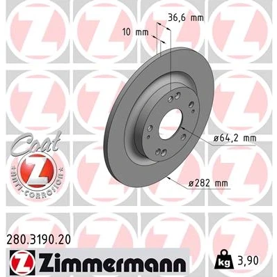 Afbeelding van ZIMMERMANN Remschijf HONDA: CIVIC 10, 10 Stufenheck 282mm 10mm 9/5 5 gat 114mm volledig Gecoat 280.3190.20 42510TGNG00 Remschijven