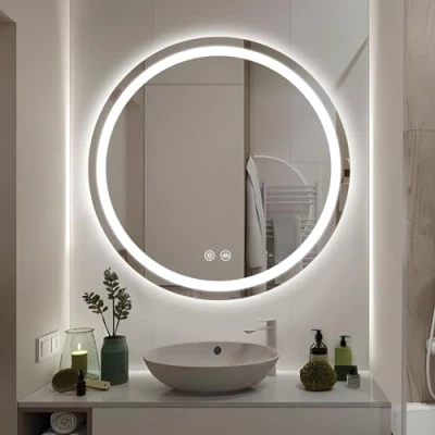 Afbeelding van GOQELK Ronde badkamerspiegel met LED licht 600 mm, badkamerspiegel, verlichte wandgemonteerde make upspiegel ontluchting, anti condens grote cirkel upspiegel, 3 kleuren dimbaar licht,