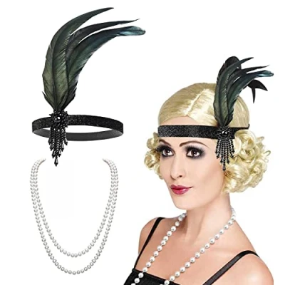 Afbeelding van VIKSAUN 1920s Flapper Hoofdband, Faux Parels Ketting, Hoofdband Kralen Flapper, Veer Gatsby 20s Haaraccessoires, voor Feest Kostuum Sieraden Vrouwen Meisjes (2 Pack)