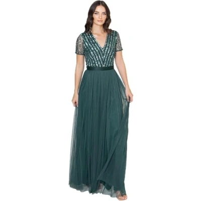 Afbeelding van Maya Deluxe Maxi jurk, bruidsmeisjesjurk, gestreept, korte mouwen, nevel, Groen, damesjurk, Emerald 36 NL