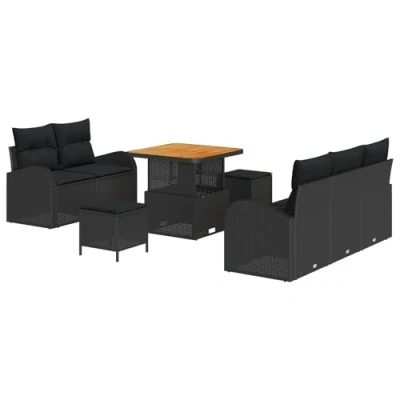 Afbeelding van vidaXL 8 delige Tuin Sofa Set met Kussens Zwart Poly Rattan Acacia, 2 Zits Opslag &amp; Rattan, 3 Eetset Acacia