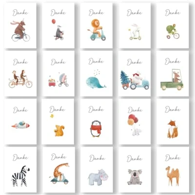 Afbeelding van Biroyal 24 Dankeskarten, Danke Karte mit Tierzeichnungen auf der Vorderseite, professionelle leere Grußkarten Umschlägen für Abschied Kollegen Konfirmation Hochzeit Weihnachten Babyparty
