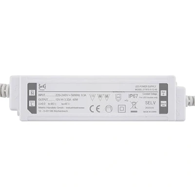 Afbeelding van SeKi 12 V DC 40 W 3,33 A constante spanning LED driver; IP67 waterdichte transformator, voeding, schakelvoeding; geen minimale belasting, ruis/led flikkering, MM goedkeuring