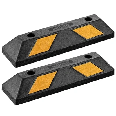 Afbeelding van Wiltec wielstopper 55 x 15 10 cm, 2x rubberen parkeerhulp, varkensruggen met gele reflecterende strips &amp; schroefgroeven, parkeerplaatsafzetting voor garage en parkeerplaatsen, parkeerhulp