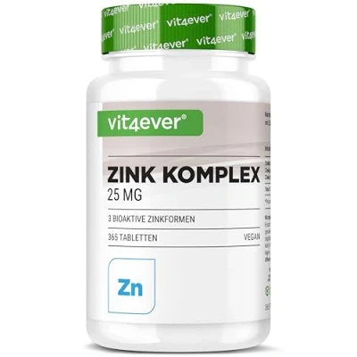 Afbeelding van zink Complex 25mg 365 Tabletten Met 3 bioactieve vormen van (zinkbisglycinaat, zinkgluconaat, zinkcitraat) 1 jaarvoorraad Hooggedoseerd Veganistisch