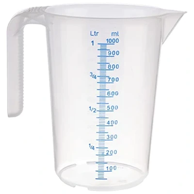 Afbeelding van APS Maatbeker 1 liter, diameter 12 x hoogte 16,5 cm, kunststof beker met reliëf meetschaal aan de buitenkant, gesloten handvat, L/ml verdeling, vaatwasmachinebestendig