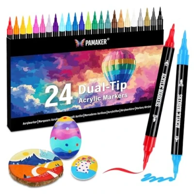 Afbeelding van Acrylverfmarker, 24 kleuren, dubbele punt met fijne en penseelpunt, stiften voor steen, hout, kalligrafie, canvas, keramiek, metaal, glas, rock schilderen, doe het zelf handwerk