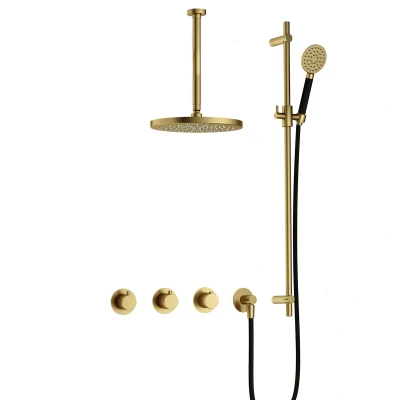 Afbeelding van Hotbath Cobber Regendoucheset IBS70 Geborsteld Messing PVD Ronde handdouche 20cm Hoofddouche 30cm Plafondbuis Handouche met glijstang