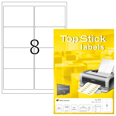 Afbeelding van TopStick 8758 adresstickers A4 (99,1 x 67,7 mm, 100 velle, papier, mat) zelfklevend, bedrukbaar, permanente klevende universele etiketten, 800 etiketten voor printer, wit