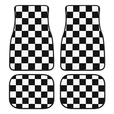 Afbeelding van Plaid Auto Vloermatten Set Van 4, Geometrisch Geruite Patroon Voertuig voor Achter Tapijten Matten Zwart Wit Vloertapijten Antislip Voetmatten Accessoires Universele Fit SUV Truck