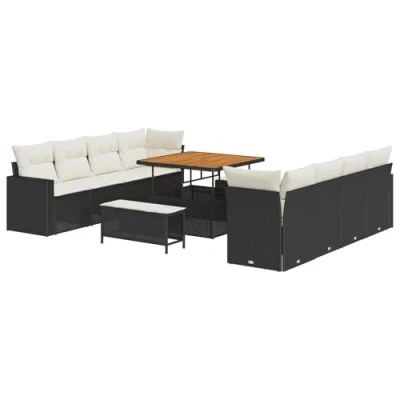 Afbeelding van vidaXL 11 Delige Tuin Sofa Set met Kussens Zwart Poly Rattan Acacia, 3 Eet Acacia
