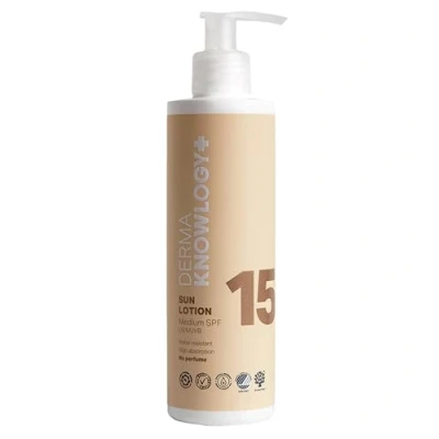 Afbeelding van DermaKnowlogy Zonnebrandcrème lotion LSF15, allergiegeteste zonwering voor gevoelige huid, zonder parfum, kleurstoffen, octocrylen, microplastic, Coral &amp; ECO gecertificeerd, waterbestendig,