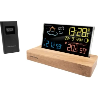 Afbeelding van Weerstationwekker THOMSON Donker hout Temperatuurweergave, Hygrometrie, Dubbel alarm, USB C, Draadloze sonde