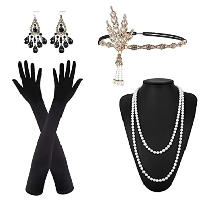 Afbeelding van VIKSAUN 5 delige set accessoires uit de jaren 20, Great Gatsby voor dames, modieuze hoofdband, lange handschoenen, parelketting, oorbellen, flapper Fancy
