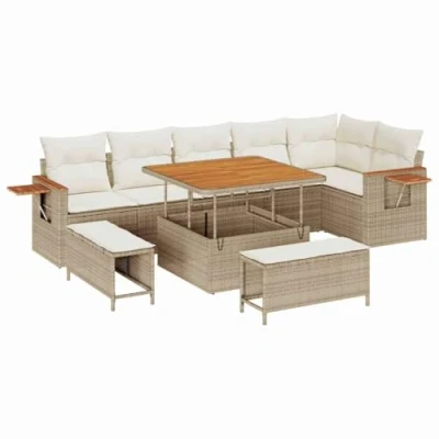 Afbeelding van vidaXL 9 delige Tuin Sofa Set met Kussens Beige Poly Rattan Acacia