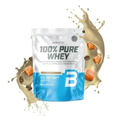 Afbeelding van BioTechUSA 100% Pure Whey Eiwitpoeder met BCAA en Glutamine Glutenvrij, Palmolievrij 21g Eiwit per portie, 1 kg, Karamel Cappuccino