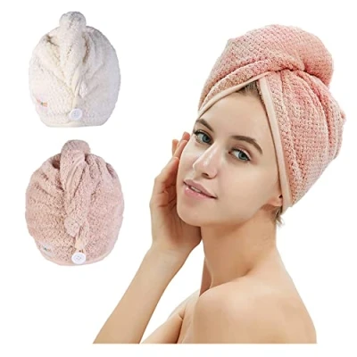 Afbeelding van M bestl 2 stuks microvezel haarhanddoek wrap, haardrogende handdoek met knop, tulband, hoofdhanddoek om haar snel te drogen (roze en beige)