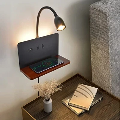Afbeelding van LED wandlamp Binnen met USB oplaadaansluiting en draadloze oplader, Dimbare flexibele zwanenhals leeslamp, wandmontage leeslamp schakelaar stekker, 3000K achtergrondverlichting