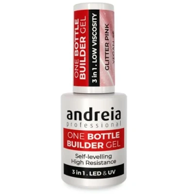 Afbeelding van Andreia Professionele Gel Builder Nail Construction Triphasic 3 in 1 Lage Viscositeit LED &amp; UV een Fles Nagelverlenging Zelfnivellerende Hoge Weerstand Kleur Glitter Roze 14ml