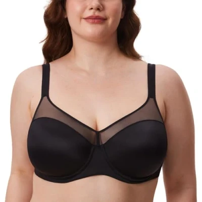 Afbeelding van DELIMIRA Dames T shirt BH met beugel Volledige cups Naadloze beha Grote maten Gewatteerd zwart 95D