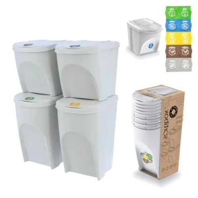 Afbeelding van botle Vuilnisemmer, set van 4 120 l afvalscheidingssysteem, 2 x 35 + 25 afvalemmers in wit, aswit, om te stapelen, compact, modulair en licht, eenvoudige sortering het huisvuil,