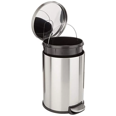 Afbeelding van Amazon Basics Prullenbak, rond, cilindervormig, met stalen voetpedaal, softclose mechanisme, voor thuis en op kantoor, 20 liter, geborsteld roestvrij staal