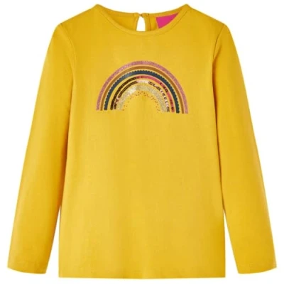 Afbeelding van Kindershirt met lange mouwen regenboogprint 128 okerkleurig