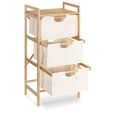 Afbeelding van Navaris bamboe badkamerkastje met lades Ideaal als wasmand 96 x 44 33 cm In wit