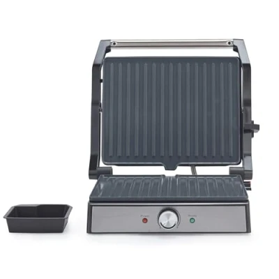 Afbeelding van Petra PT5857SSCVDE Electric Grill Large Gilling Plates, Opens to 180 for Dual Surface Cooking, PFAS Free Ceramic Non Stick Coating, Adjustable Temperature, Removable Drip Tray, 2000 W