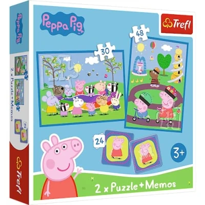 Afbeelding van Trefl Peppa Pig, Gelukkige tijden met Pig 3 in 1: 2x Puzzels + Geheugenspel, 30 en 48 stukjes, Verschillende Moeilijkheidsgraden, 24 Memo&#039;s, voor Kinderen vanaf jaar