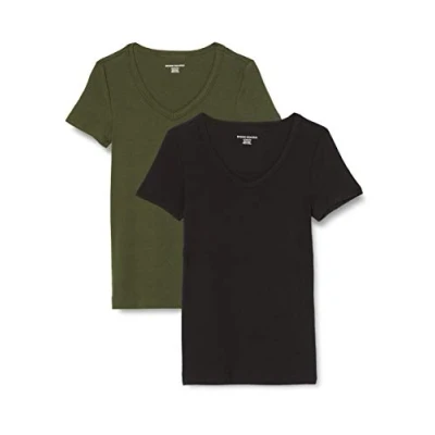 Afbeelding van Amazon Essentials Women&#039;s T shirt met korte mouwen en V hals in slanke pasvorm, Pack of 2, Donker olijfgroen/Zwart, XXL