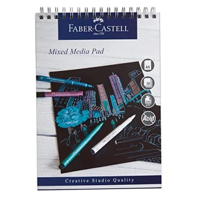 Afbeelding van Faber Castell Creative Studio Mixed Media Block, A4, spiraalbinding (zwart), 250 g/m², 30 vellen, alle media, acryl, aquarelverf, potloden, pastel, antraciet, grafiet, kunst, handwerk, thuis,